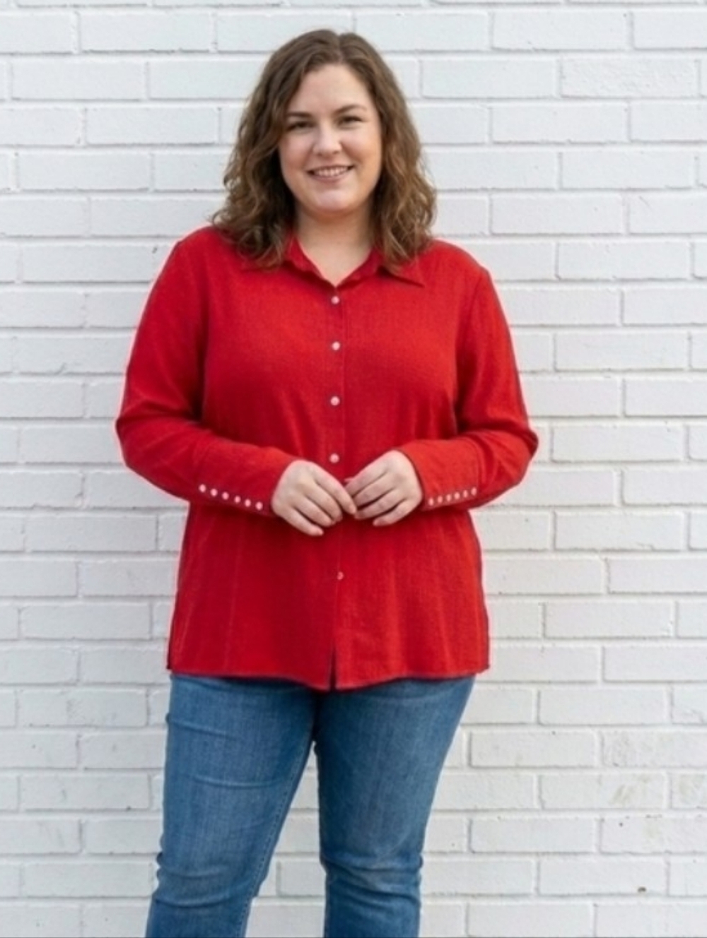 Silk Addition Elle Red Button-Down Shirt with Collar